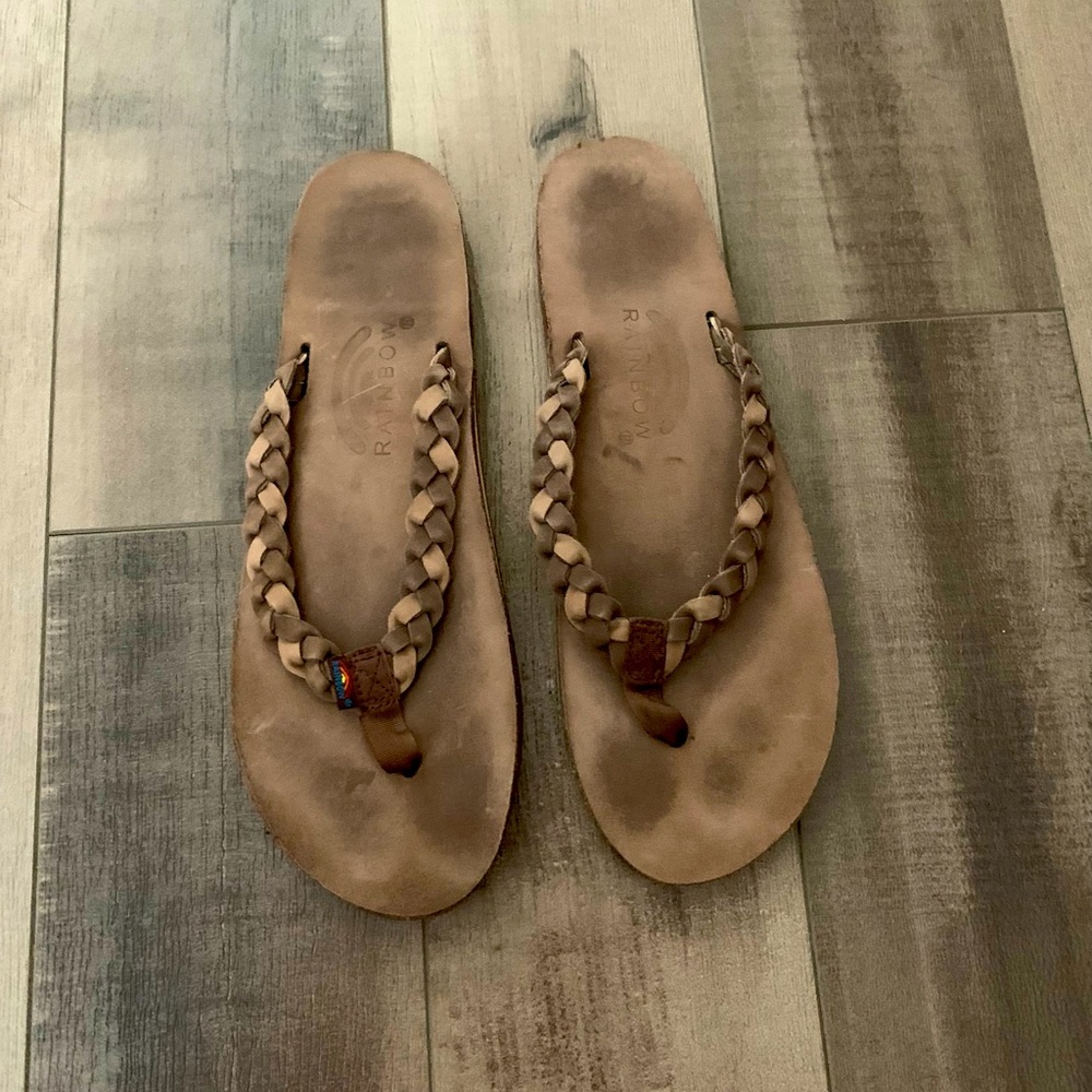 Rainbow braided flip flops